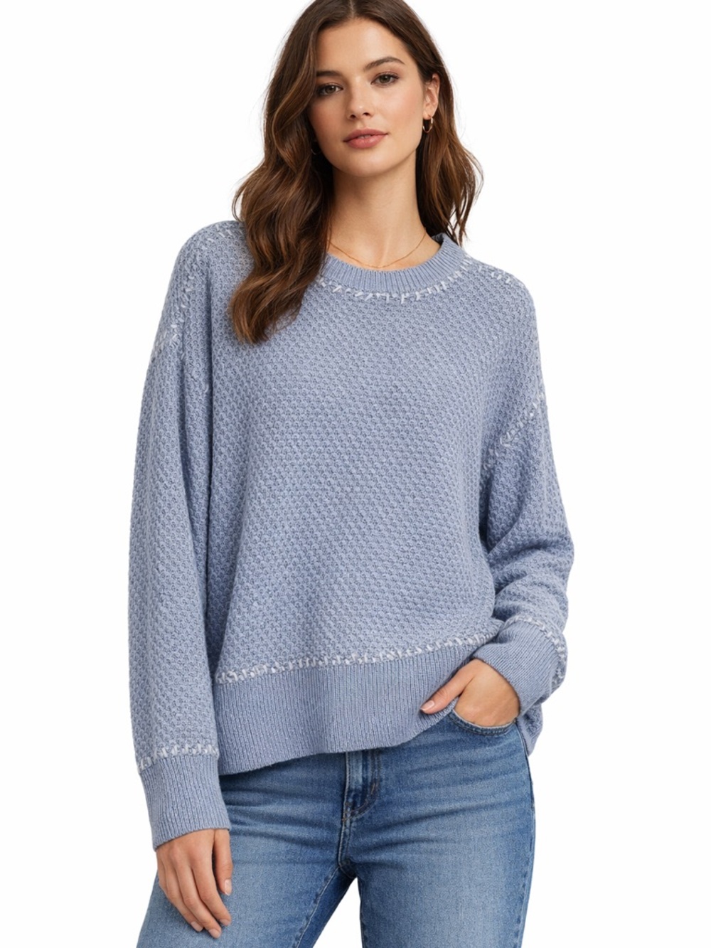 Aqua Light Blue Textured Whipstitch Crewneck Sweater, Size XL